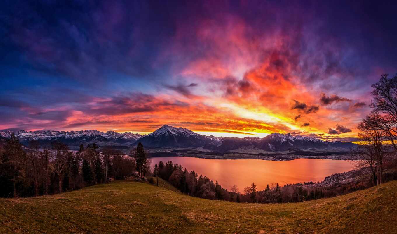 озеро, закат, гора, швейцария, альпы, thun, берн, oberland, bernese