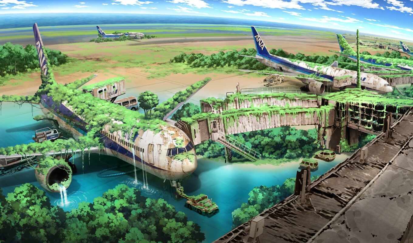 nature, sky, art, plane, anime, airport, water, landscape, apocalyptic, drawn, airplane
