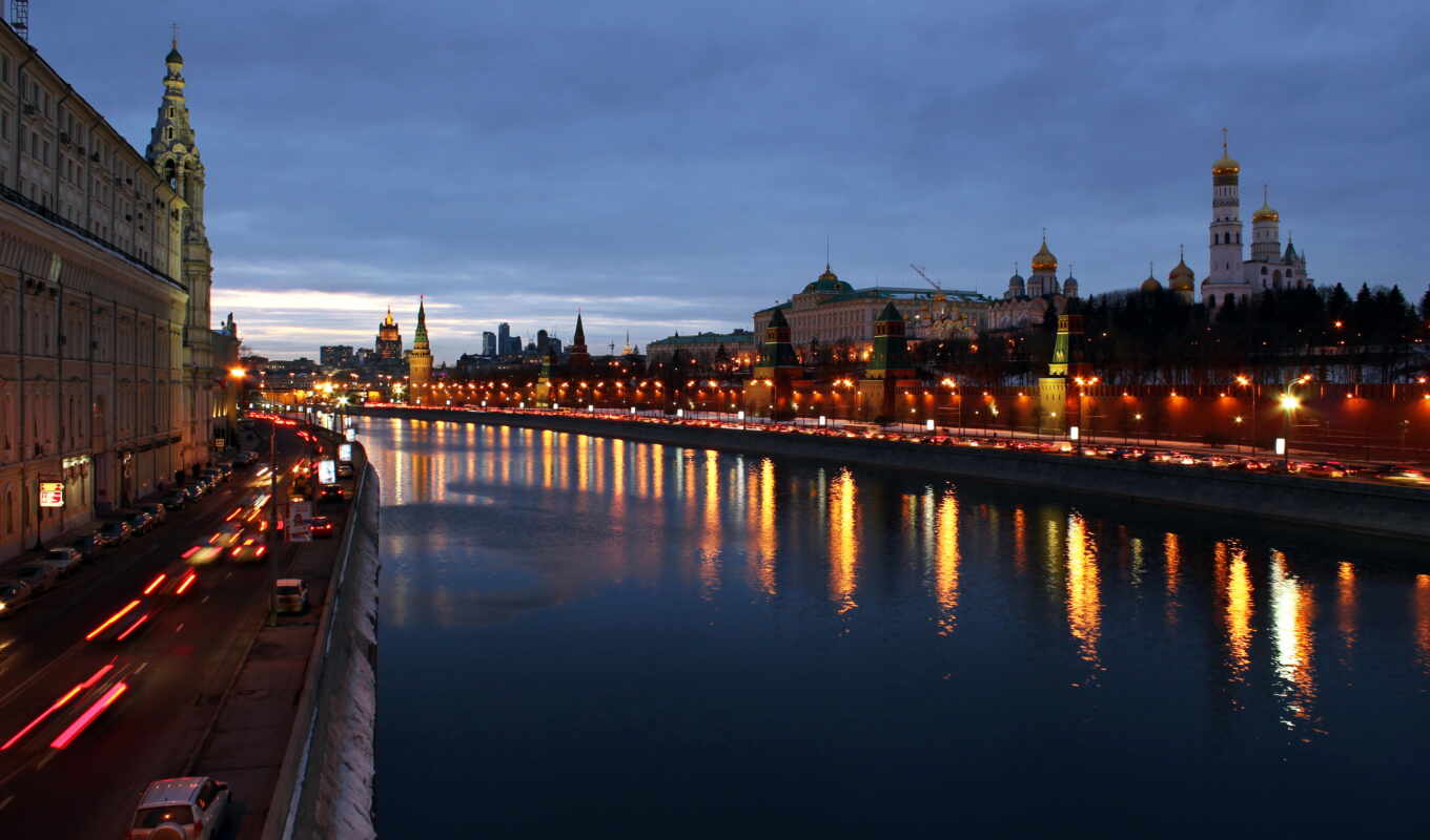 gorod, view, moscow, Russia, lights, evening, embankment