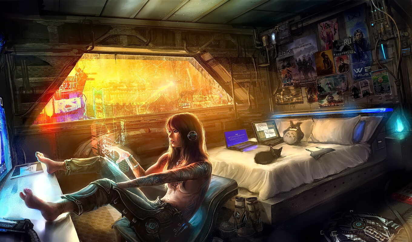 art, girl, a computer, seat, fantasy, star, deviantart, cyberpunk, back