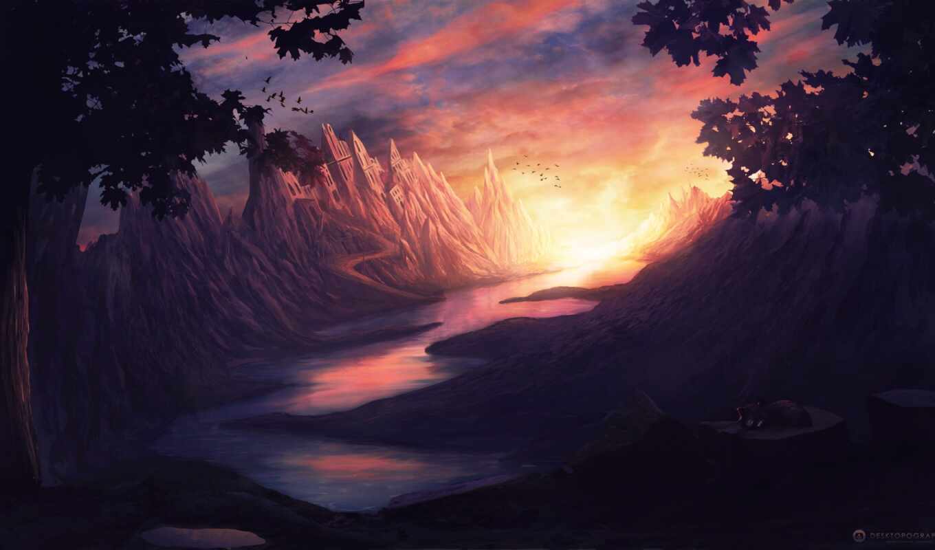 art, sunset, mountain, cat, landscape, castle, cloud, fantasy, river, cave, desktopography