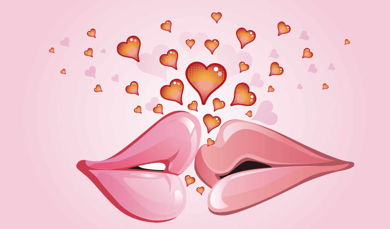 love, вектор, сердечки, женские, между, людей, ними, нарисованные, поцелуи, мужские, губы