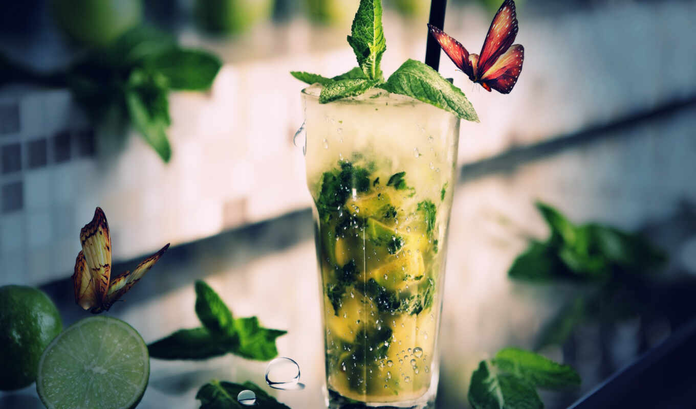 коктейль, алкоголь, бабочки, мохито, limes