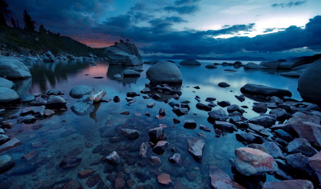 озеро, природа, широкоформатные, ночь, landscape, красивая, камни