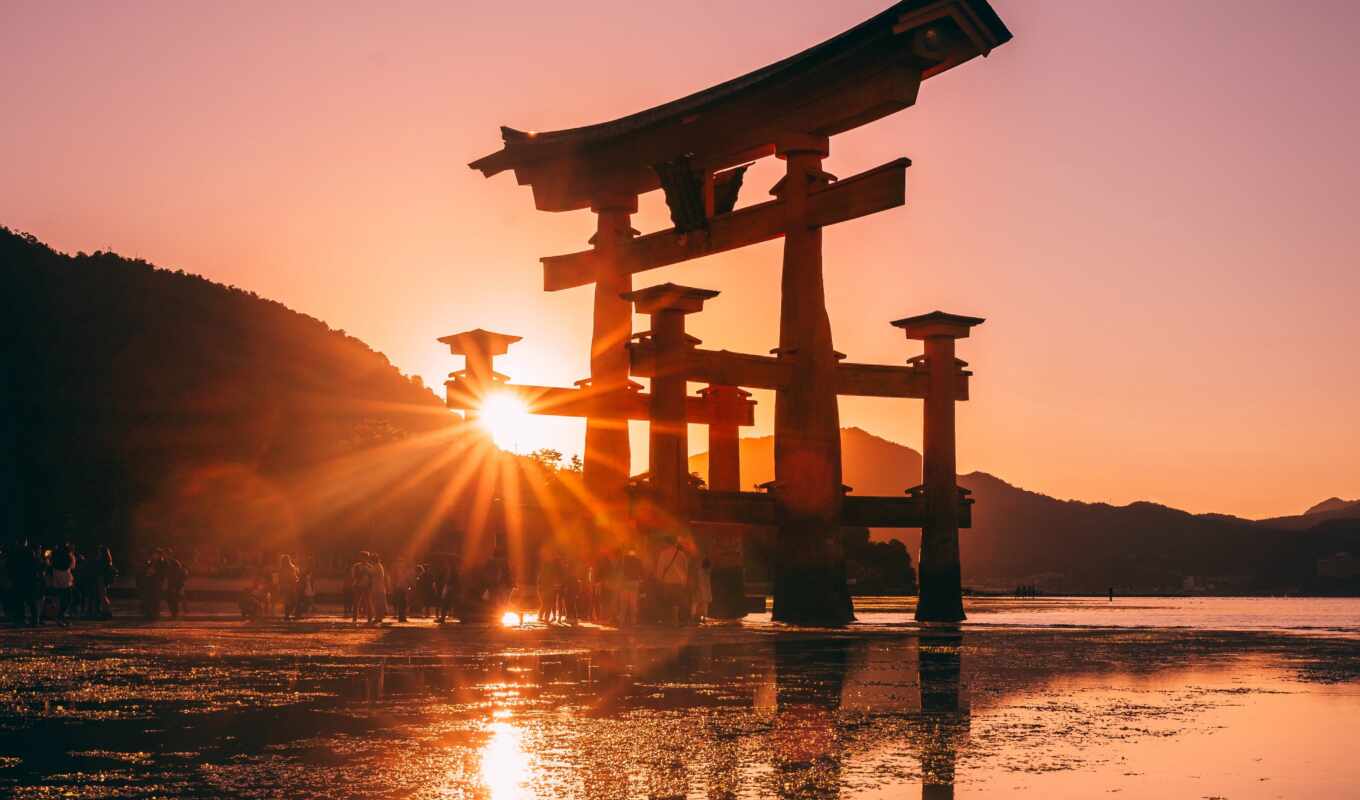 sunset, place, Japan, syntoism, shrine, miyajima, itsukushima