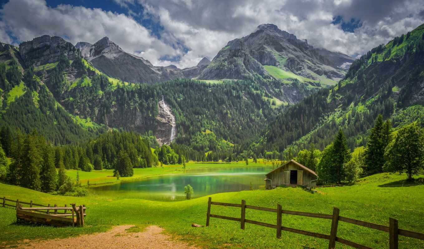 озеро, природа, лес, гора, swiss, швейцария, альпы, забор, берн, lauenen