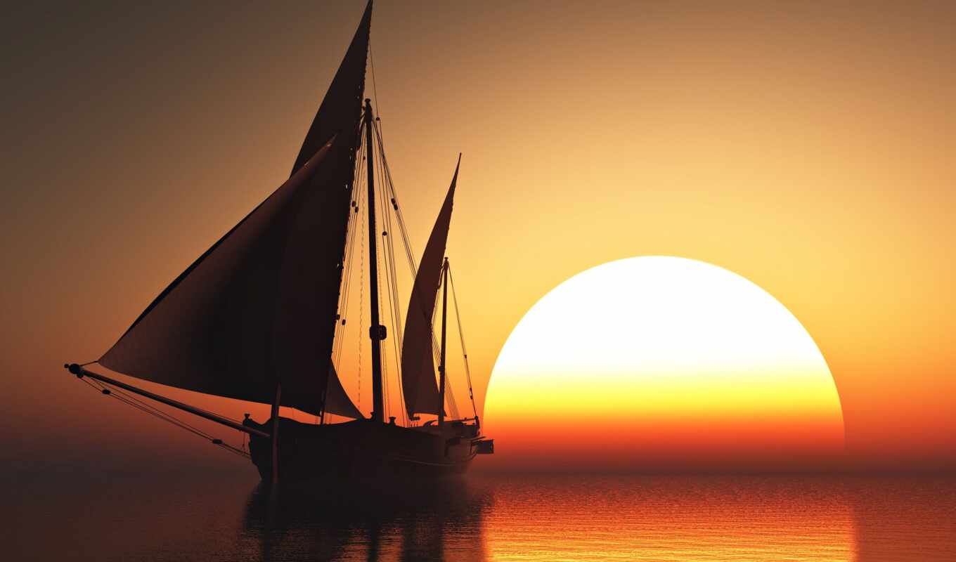 sunset, ship, sea, sailboat