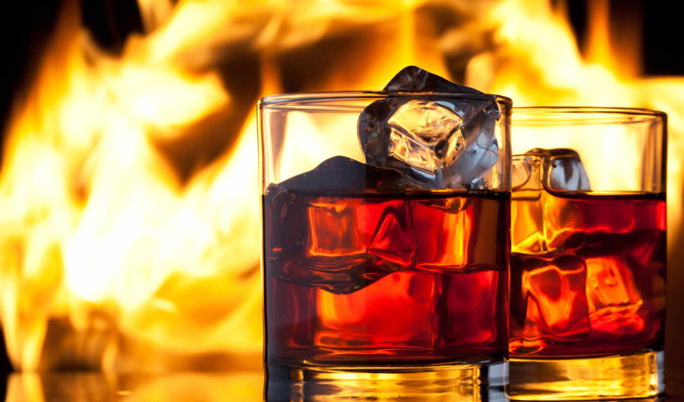 лед, огонь, пламя, напиток, whiskey, бокалы