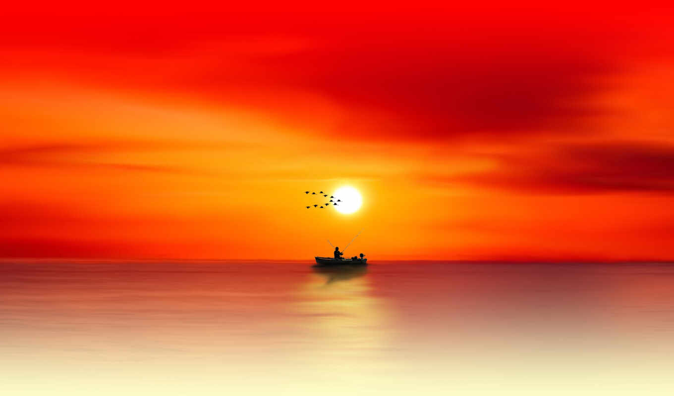sunrise, sea, a shadow, fishing, fisherman