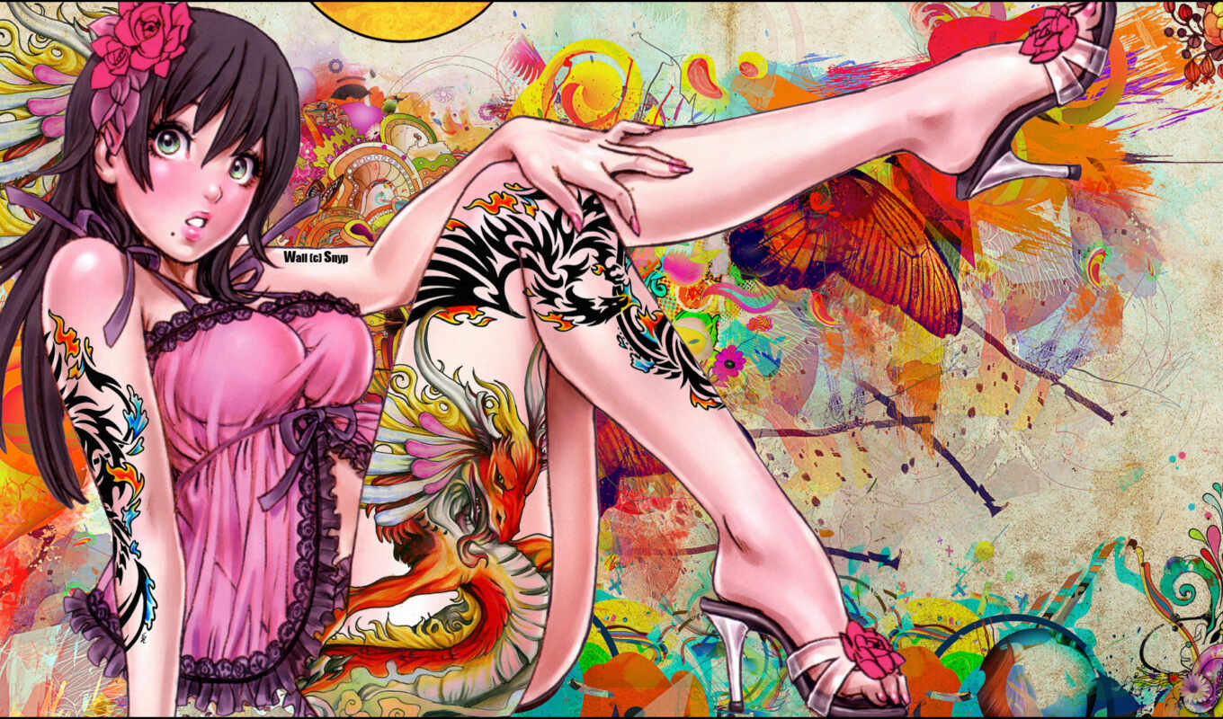 wallpaper, hd, girl, patterns, anime, ♪, dress, flowers, tattoo, dragon, manga, arts, shoes, tattoos, shunya, yamashita