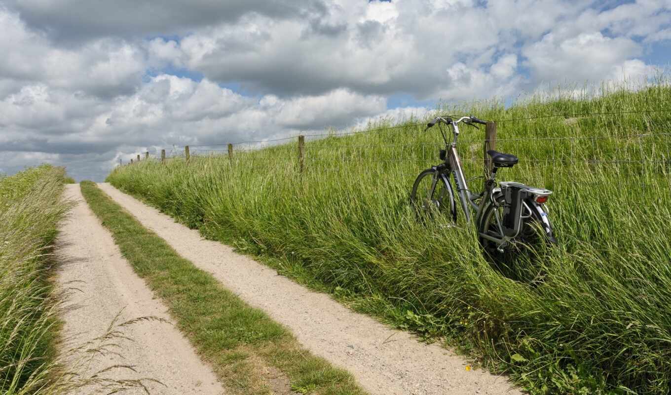небо, трава, дорога, bike, adventure, roadside, countryside, техника, велоспорт