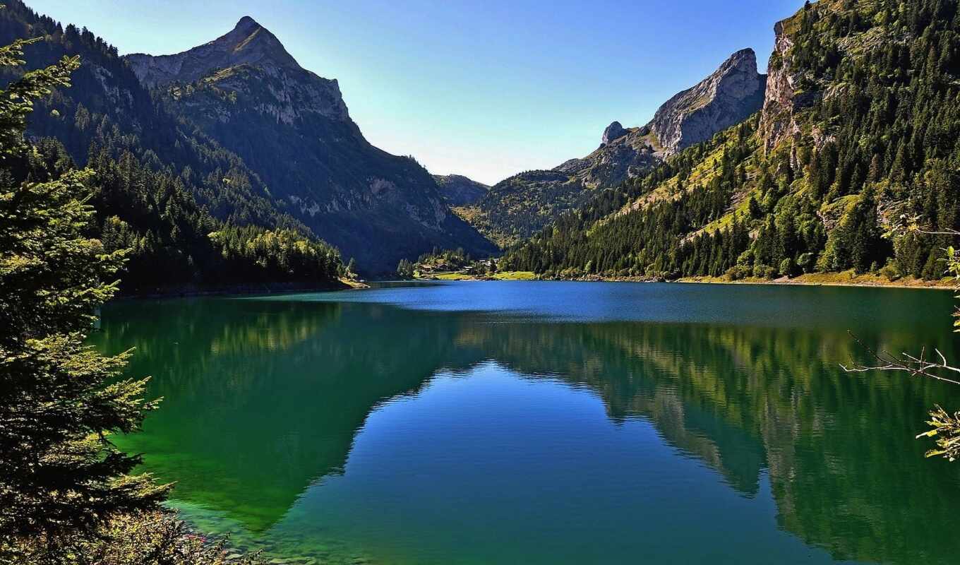 озеро, природа, лес, гора, отражение