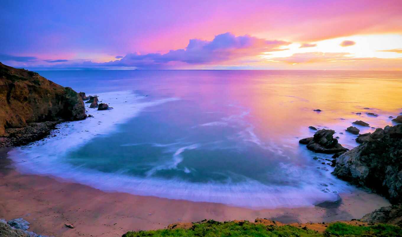 небо, рассвет, пляж, море, розовый, waves, песчаный, камни
