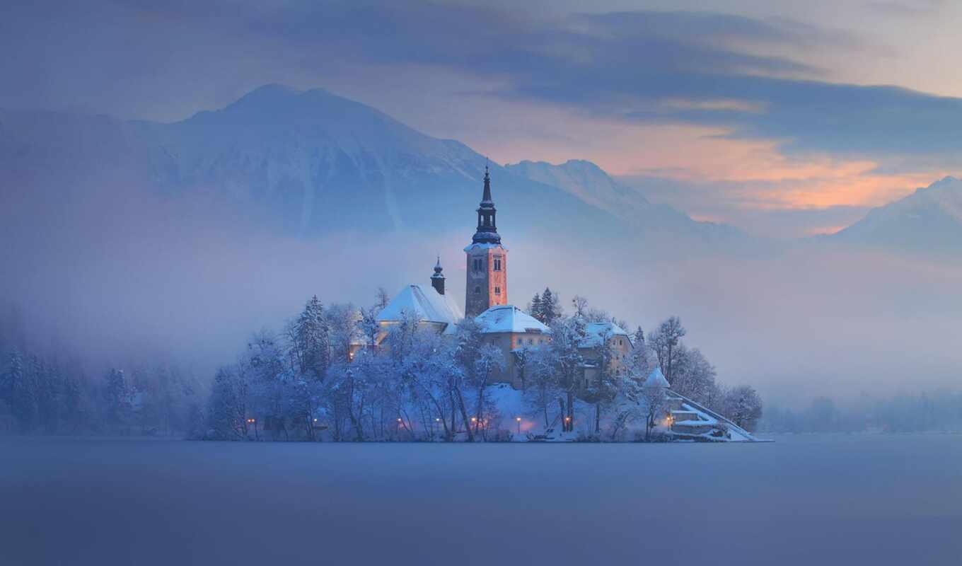 озеро, winter, гора, castle, gallery, slovenia, bleed