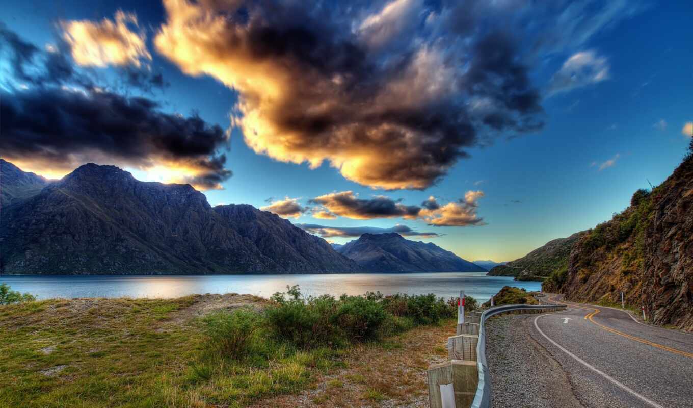 lake, nature, sky, grass, water, road, landscape, land, cloud, mountains, clouds