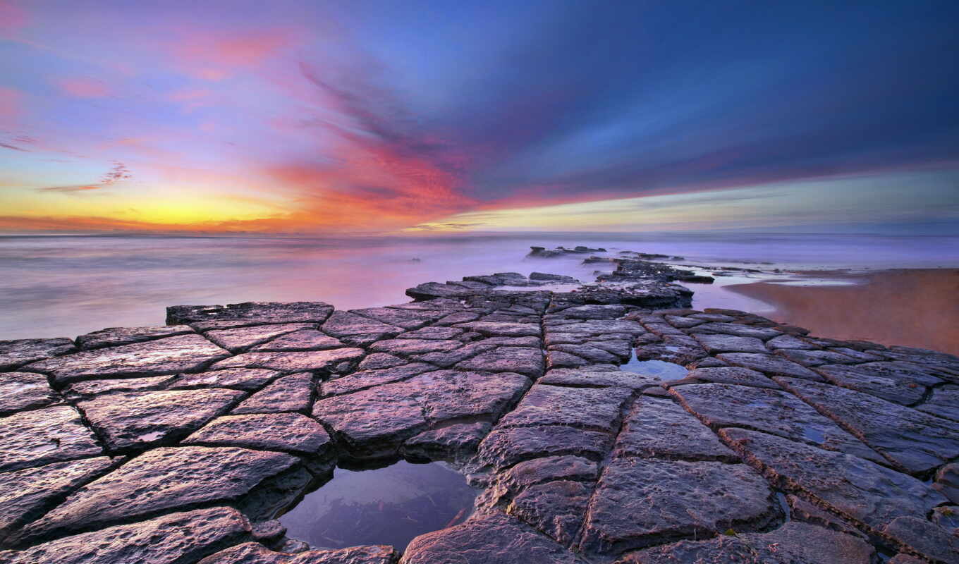 nature, sky, sunset, beach, rock, ocean, stones, beach, slab