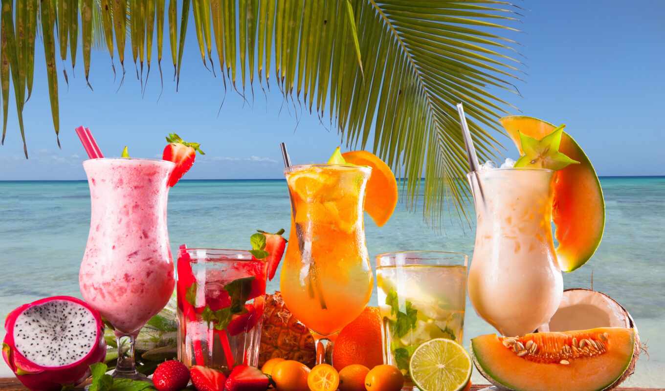 meal, sea, palm, cocktail, strawberry, drinks, mint, berries, glasses, citrus, pipe