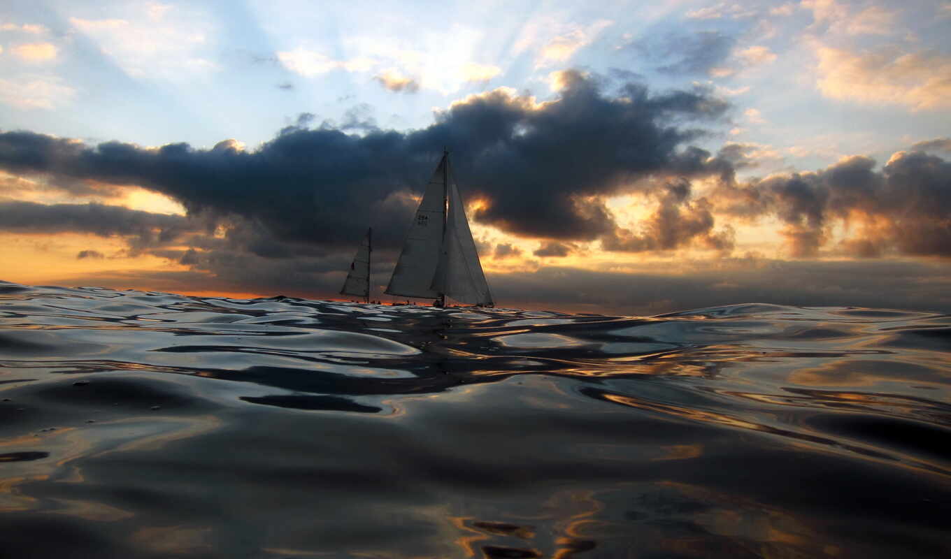 sunset, sea, waves, sailboat, sailboats, clouds