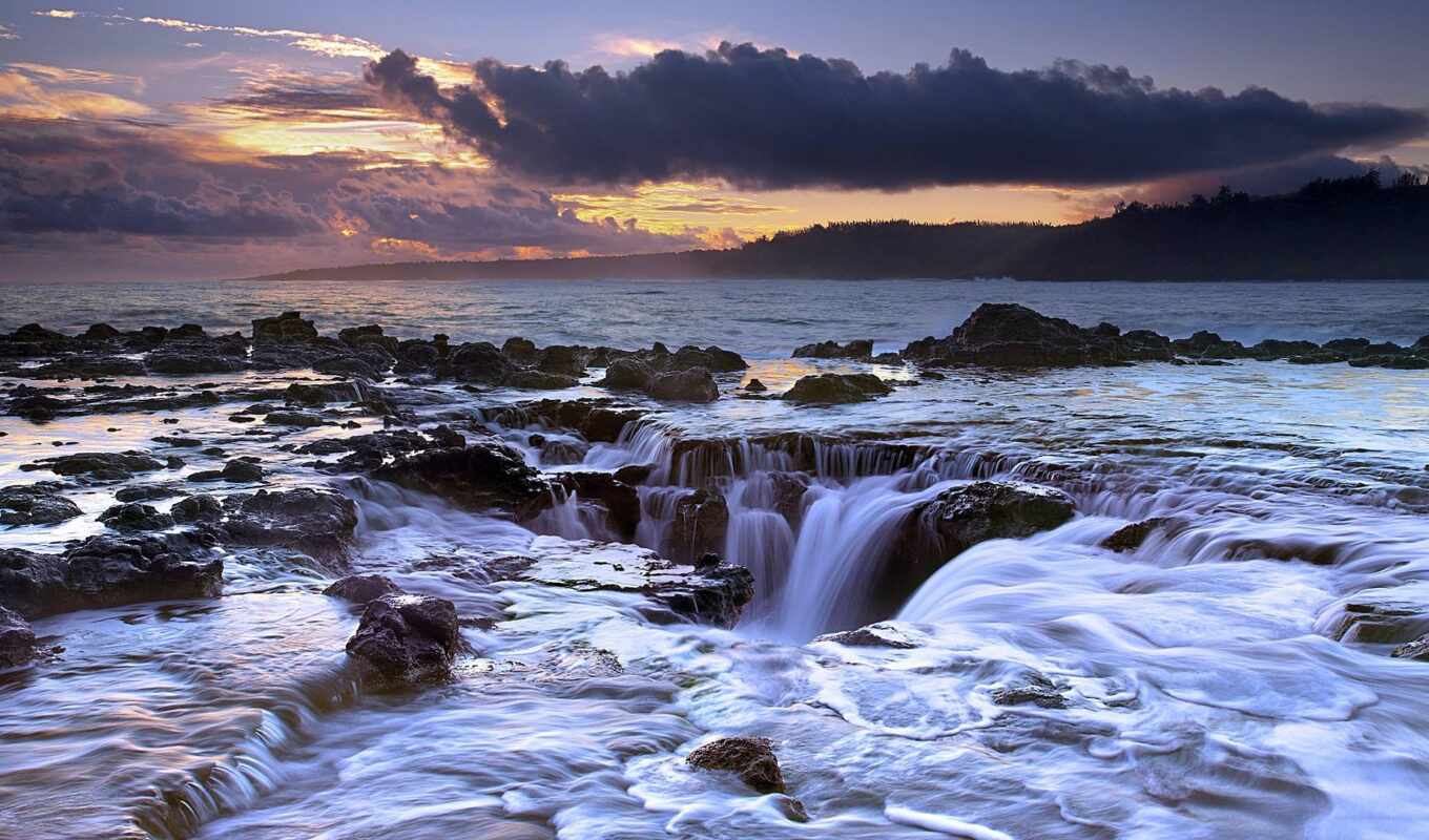 закат, спина, ocean, водопад, поток, hawaii
