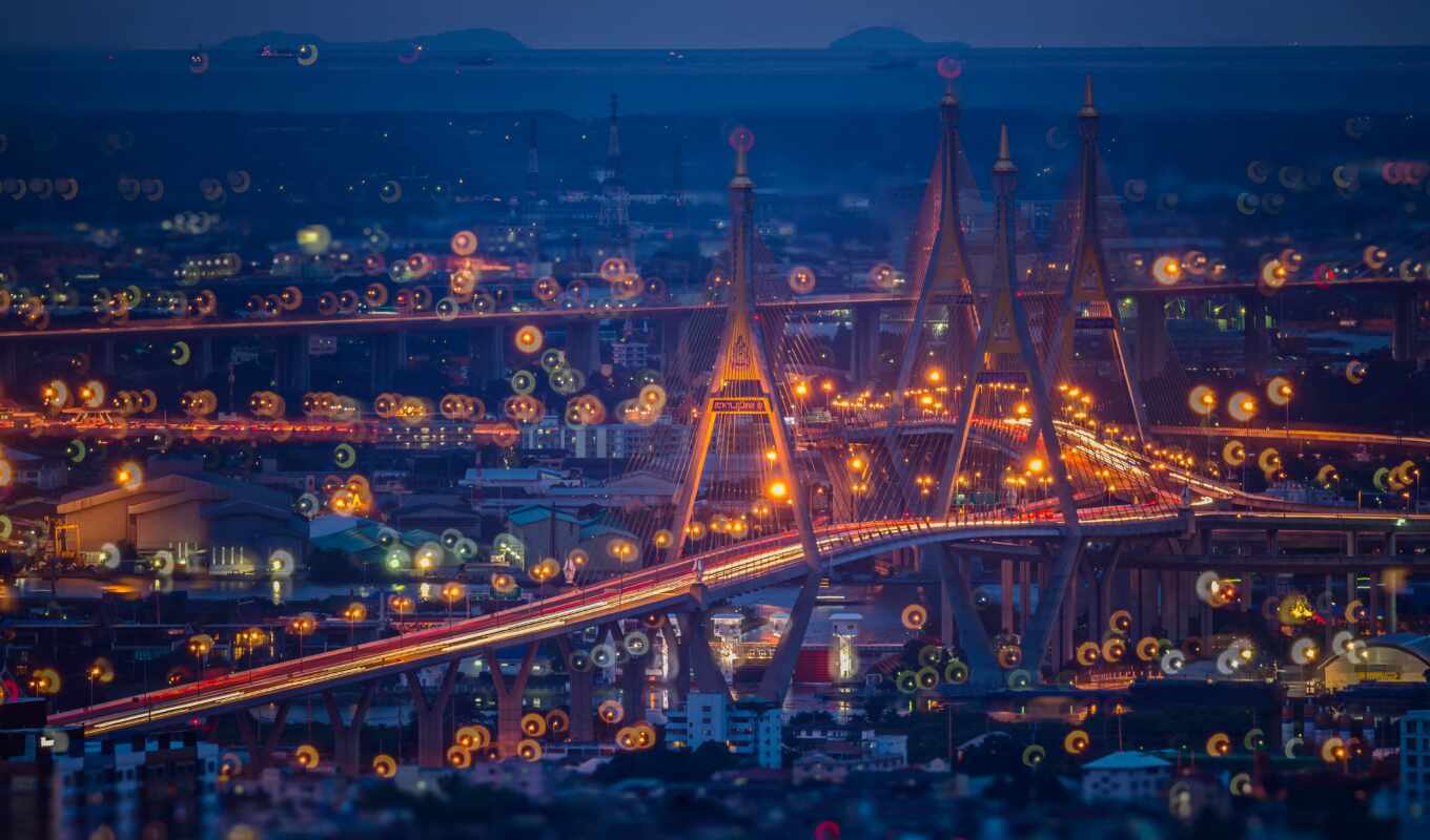 night, Bridge, lights, thailand, even