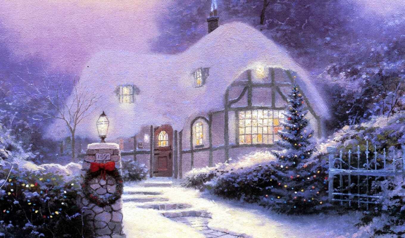 hd, light, snow, painting, christmas, holiday, Christmas tree, picture, flashlight, thomas, kinkade, cottage, windows, road, steps