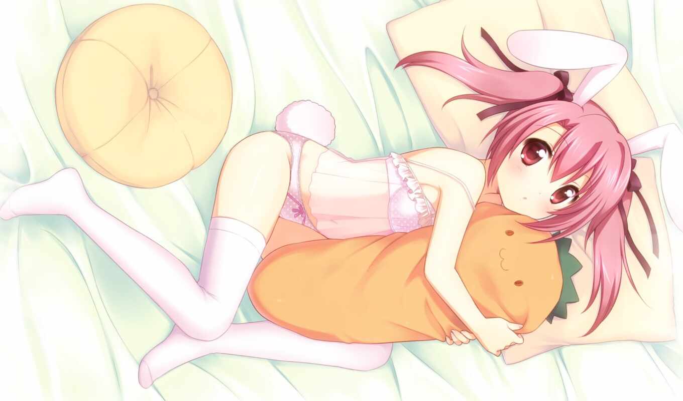 anime, girls, кровать, panties, hair, кровати, animal, pink, manga, bra, ribbons, bunny, красотка, mani, уши