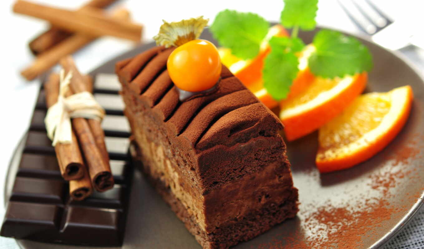 еда, chocolate, dark, оранжевый, десерт, торт, сладкое, cinnamon, тортик, дольки