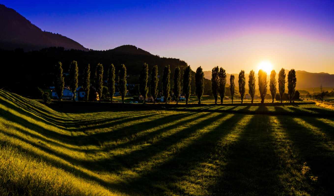 sky, sun, tree, grass, sunset, landscape, Austria, shadow, austrian