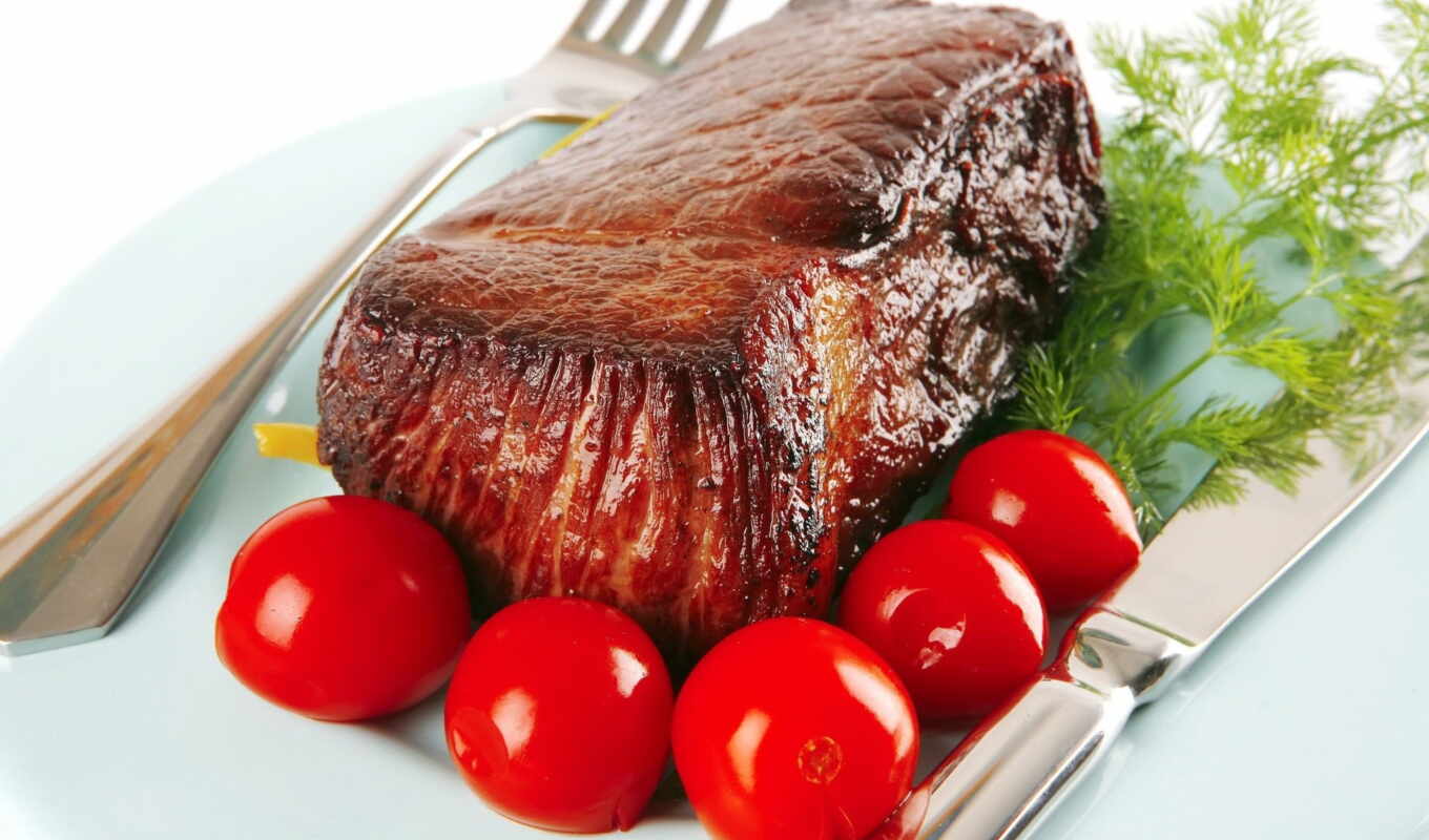meat, табличка, помидоры, нож, fork, мяса, жареное, укроп