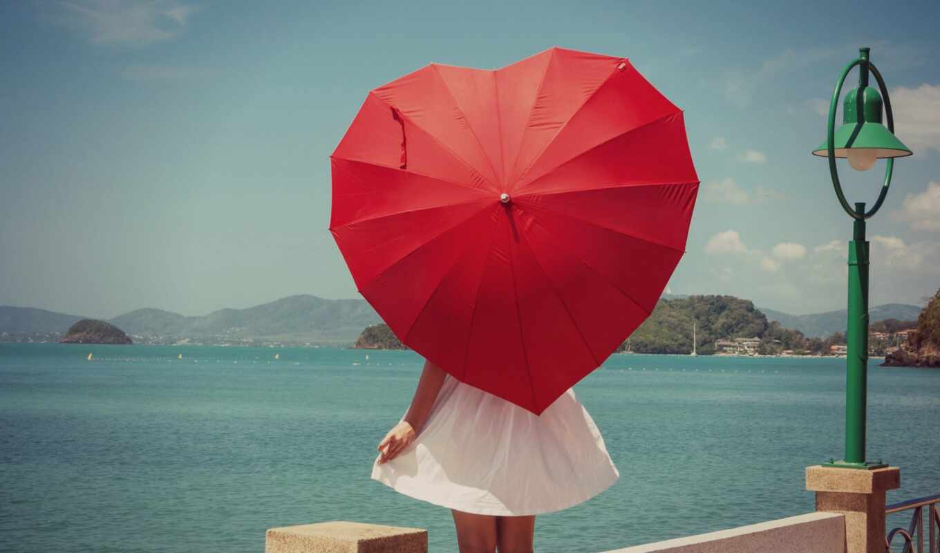 nature, sky, girl, red, red, sea, mood, umbrella, get rich