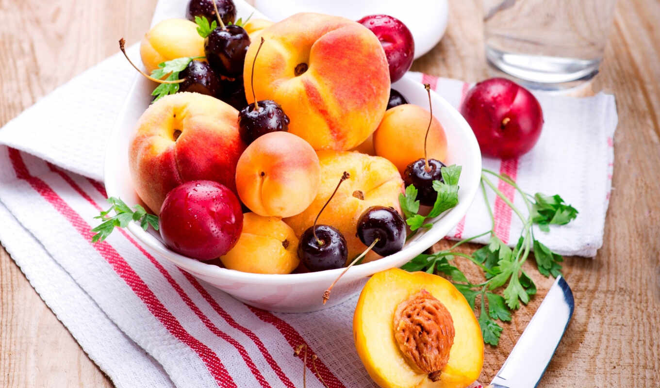 еда, лето, персики, фрукты, вишня, черешня, тарелка, нож, сливы, салфетка