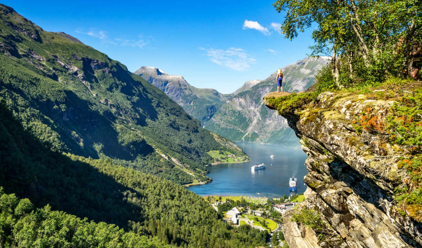природа, девушка, гора, норвегия, fjord, geiranger, norwegian, geirangerfjord