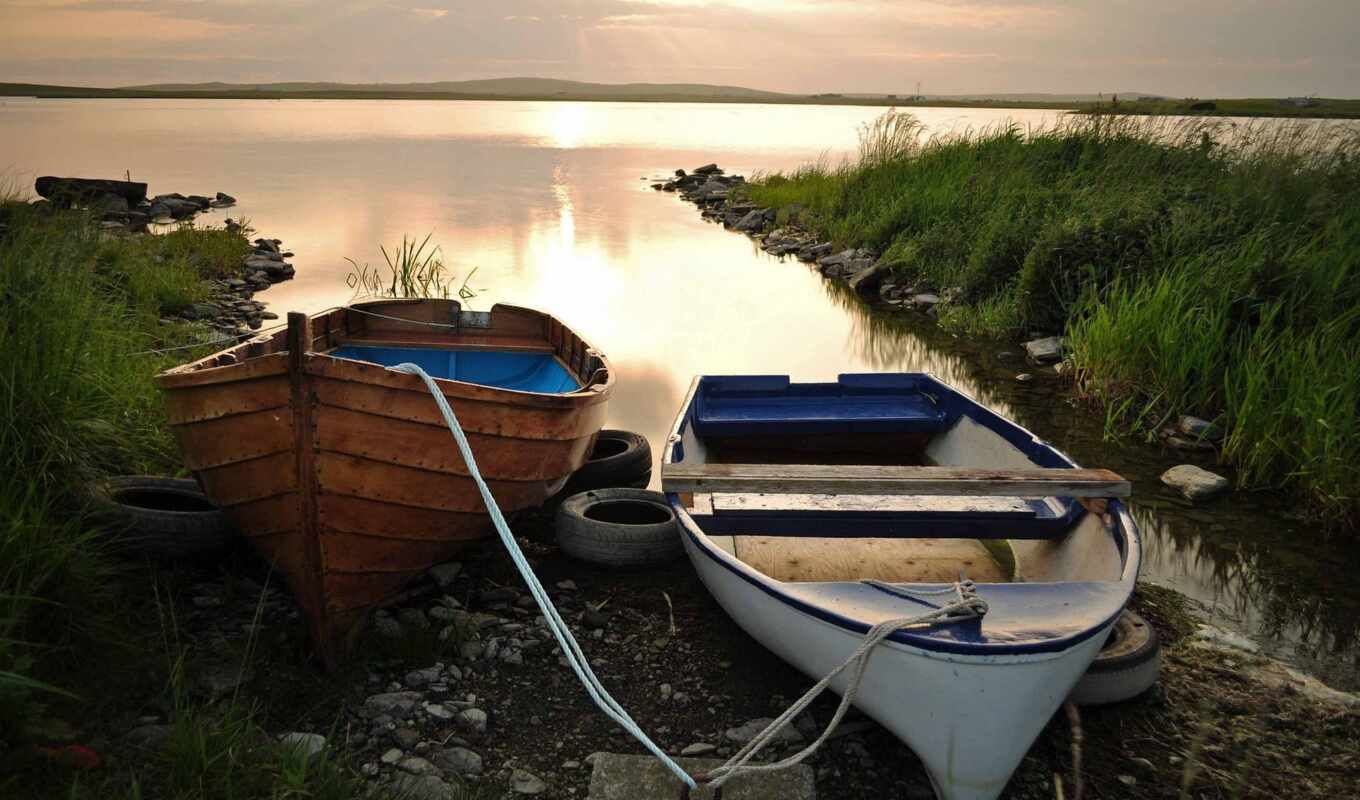 lake, sunset, a boat, two
