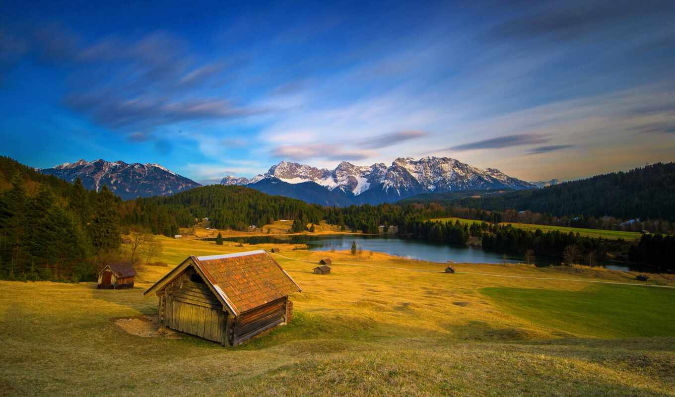 озеро, небо, house, дерево, гора, поле, landscape, германия, hill, альпы, бавария