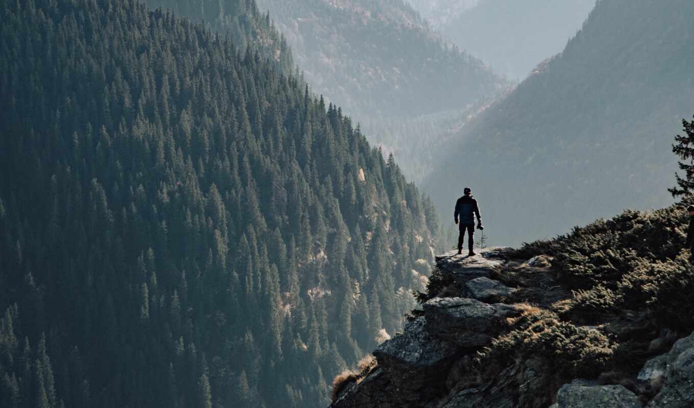 природа, мужчина, телефон, гора, rock, туман