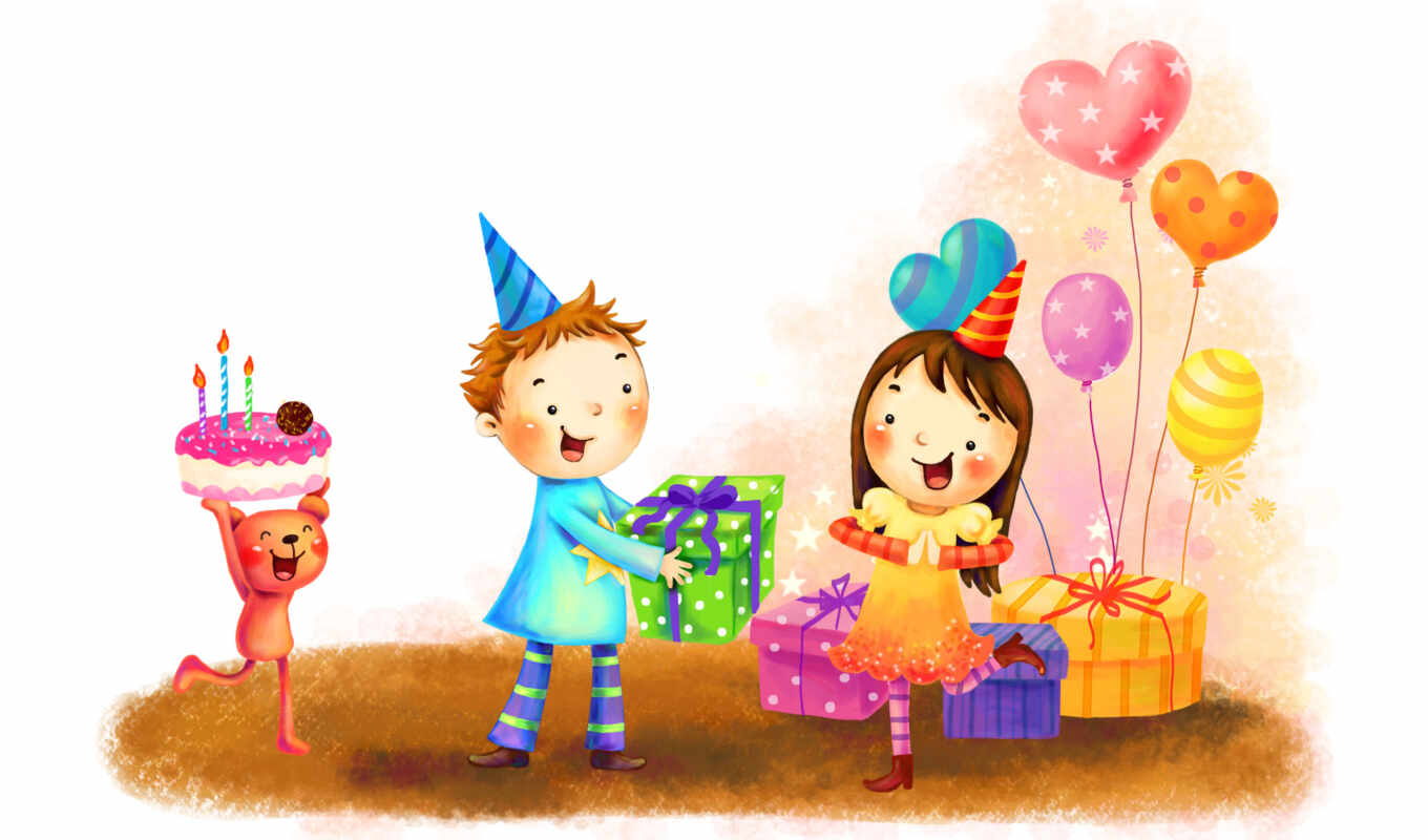 девочка, свечи, шарики, дети, радость, торт, мальчик, медвежонок, нарисованные, конус, день рождения