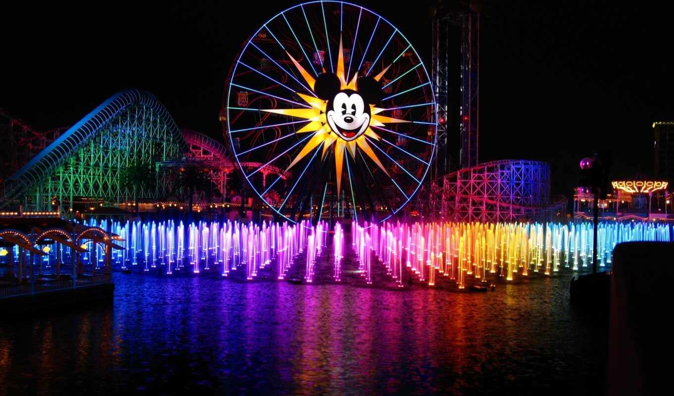 disneyland, mickey, fountains, colored