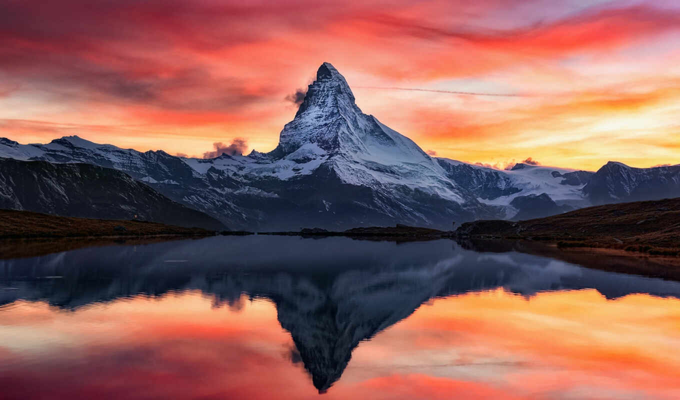 sky, light, sunset, mountain, subject matter, top, reflection, Switzerland, matterhorn