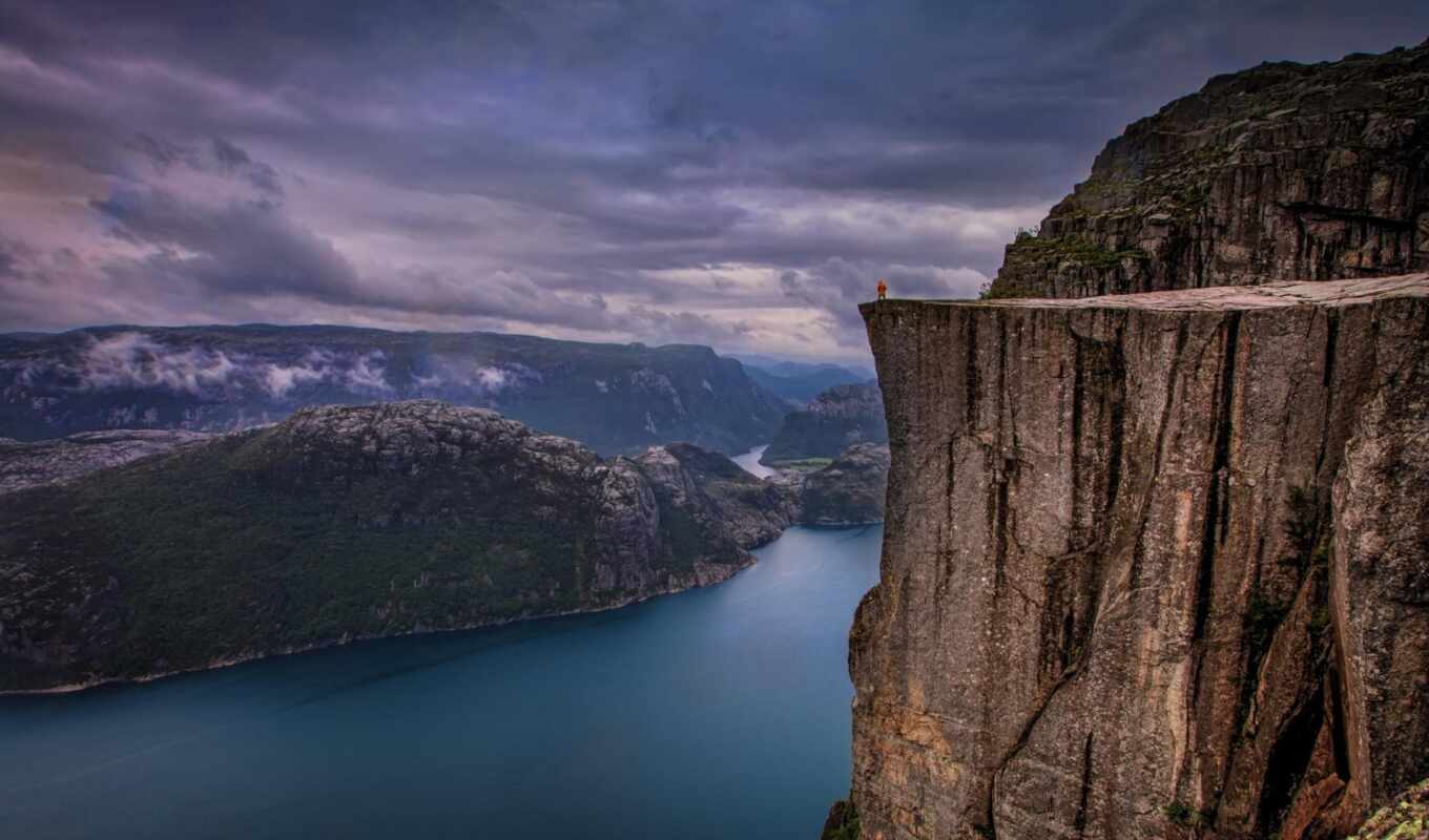 face, down, lonely, standing, cliff, preikestolen, tomfear