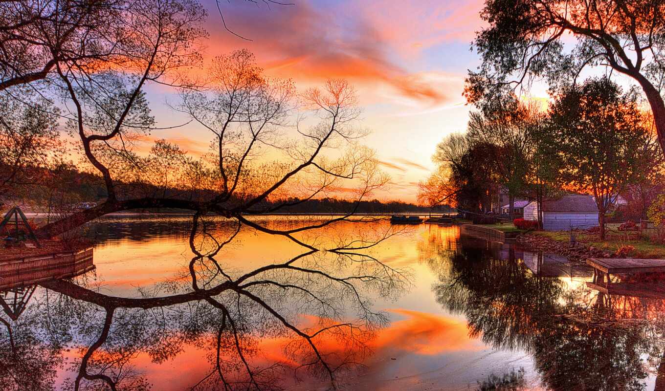 lake, nature, sky, sun, tree, sunset, landscape, coast, river, reflection