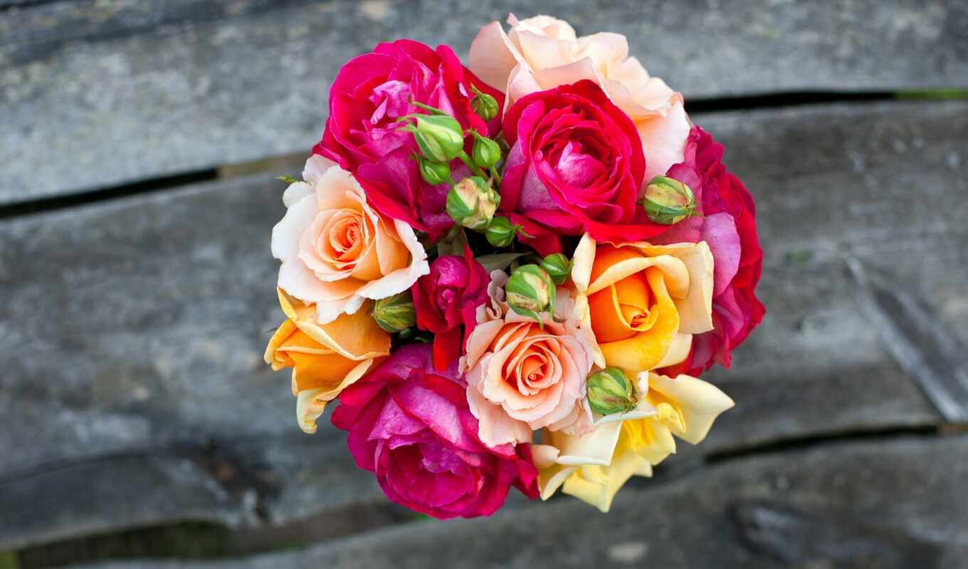 roses, pink, yellow, bouquet, bouquets, cvety, wood boards