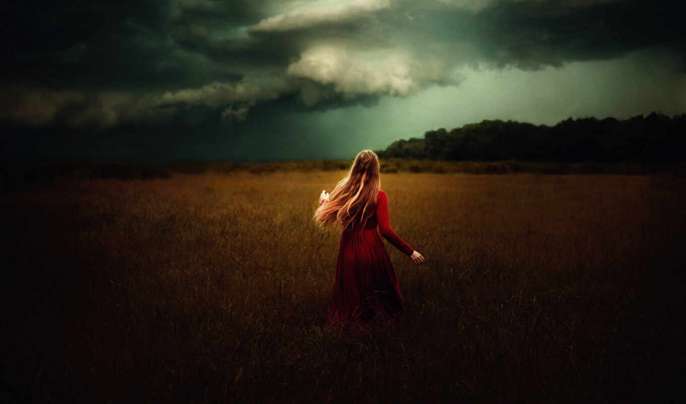 girl, red, field, red, dress, lady, stand, dry day
