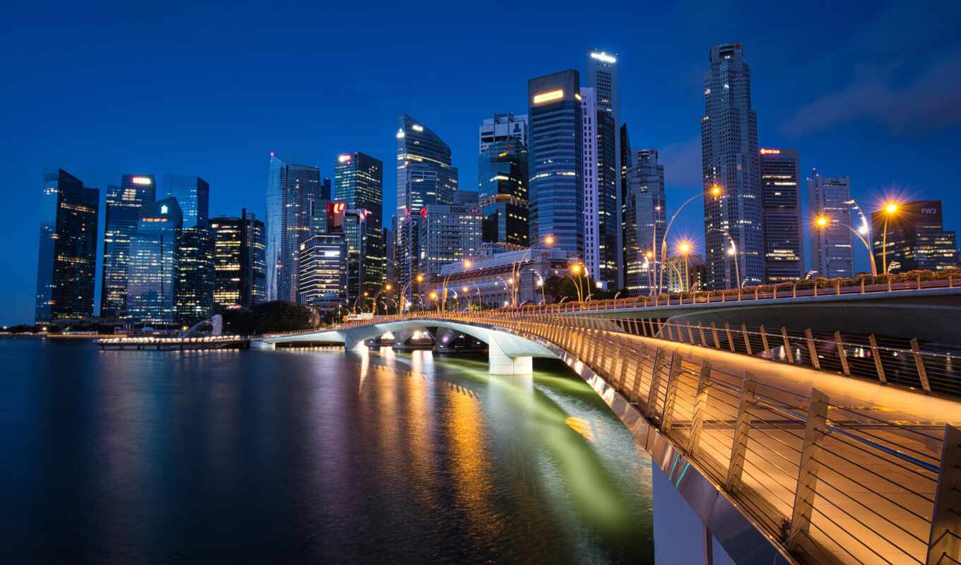 city, night, park, build, bay, fountain, singapore, marina, merlion