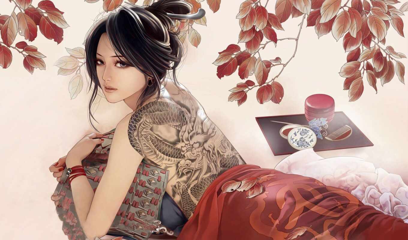 art, девушка, женщина, глаз, purple, гейша, asian, татуировка, смотреть, спина, япония