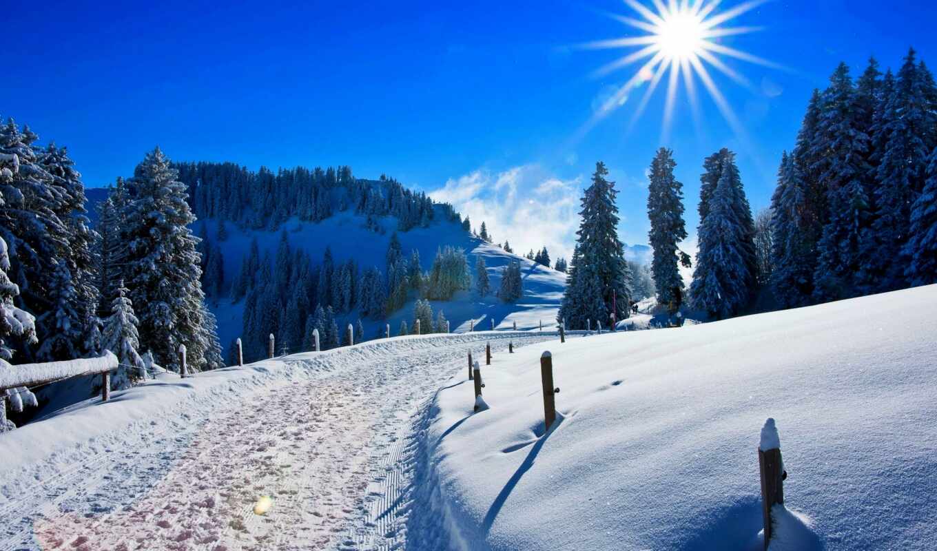 природа, sun, снег, winter, дорога, sunny, день, ray