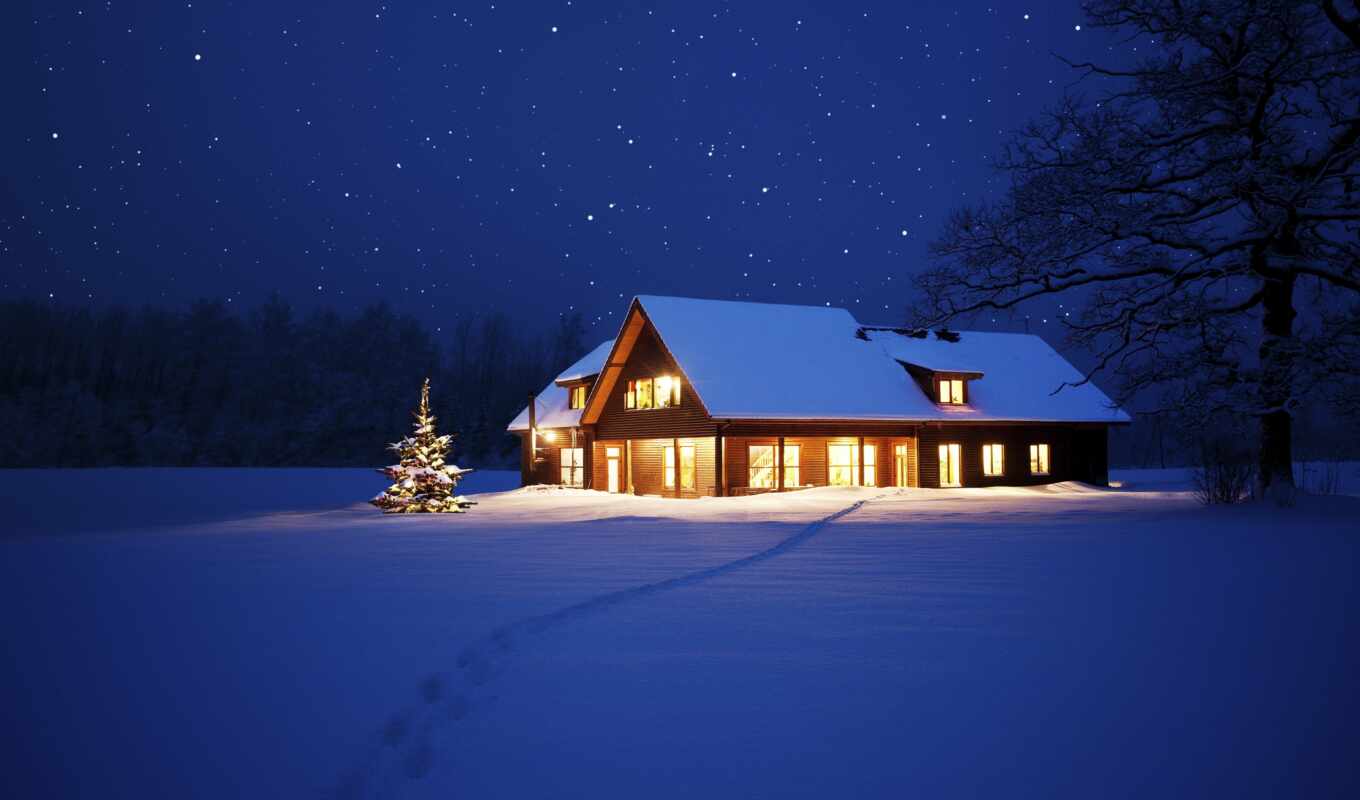 nature, sky, house, tree, night, snow, winter, lights, christmas, star, season