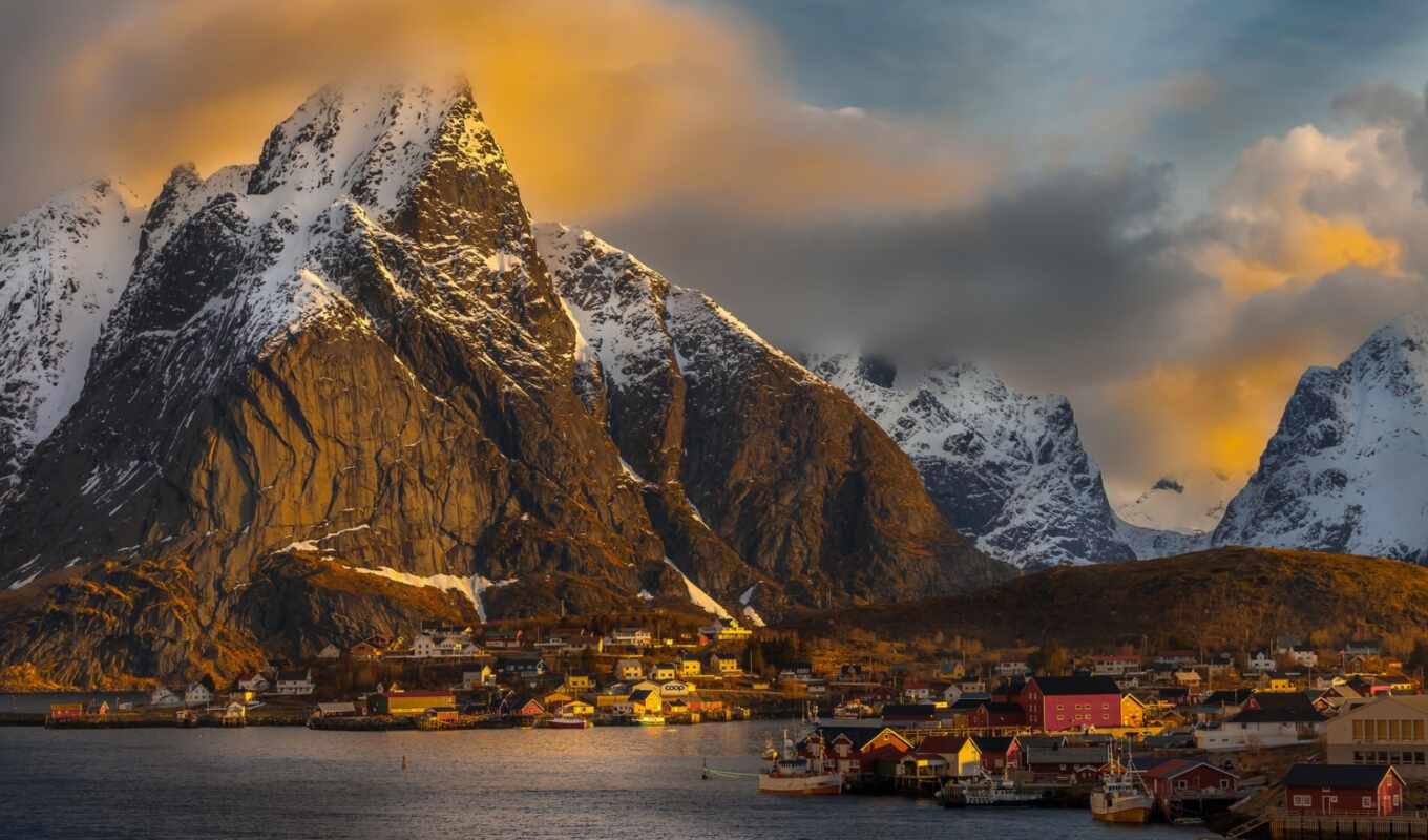 home, sunset, snow, mountain, cloud, village, a boat, Norway