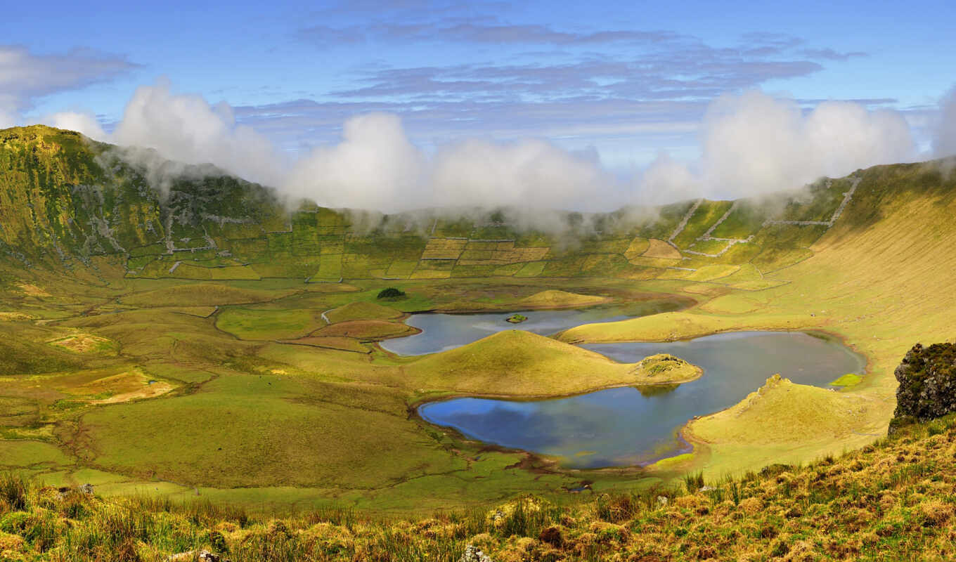 lake, nature, high, islands, crater, portugal, azores, corvo, azores, cow