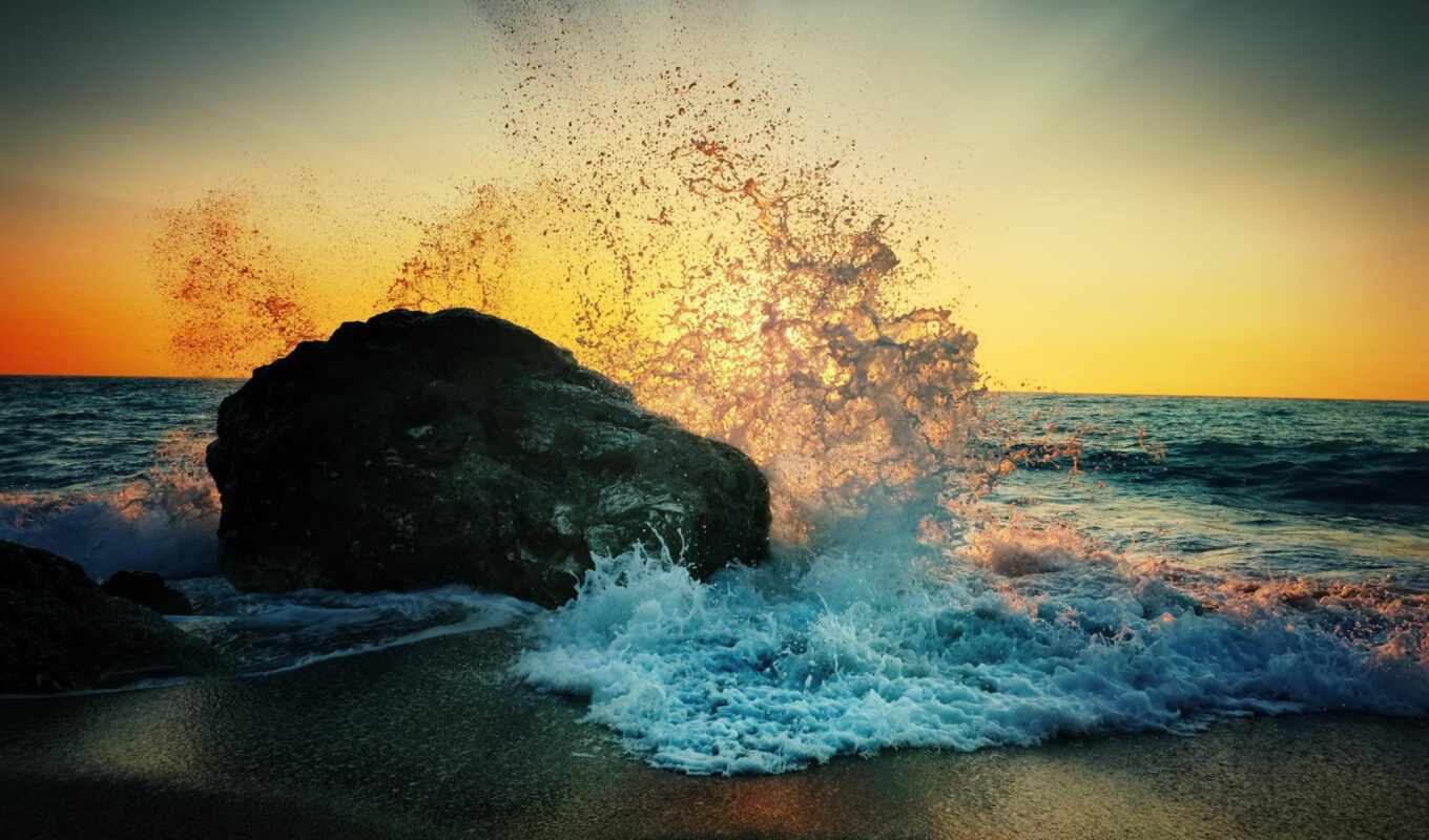 pictures, stone, sunrise, beach, sea, coast, splashes, pin