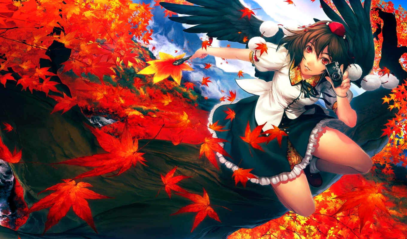 девушка, anime, листва, devushki, крылья